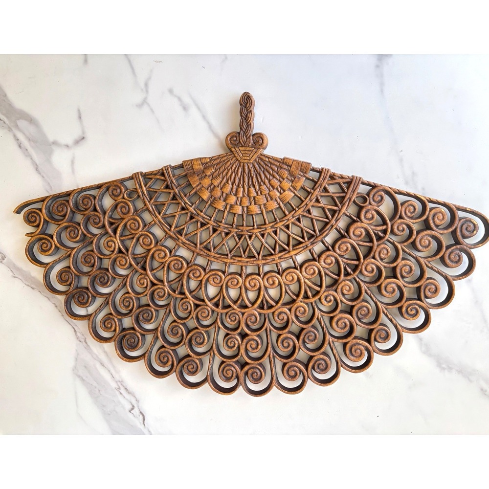 Vintage Burwood Products 1980 Fan Wall Hanging 2424 Brown Scroll Decor MCM USA